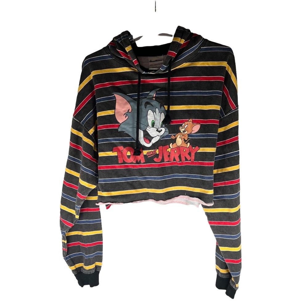 Vintage Tom‎ and Jerry Hooded Long Sleeve Crop Top T-shirt Hannah-Barbera Tag L